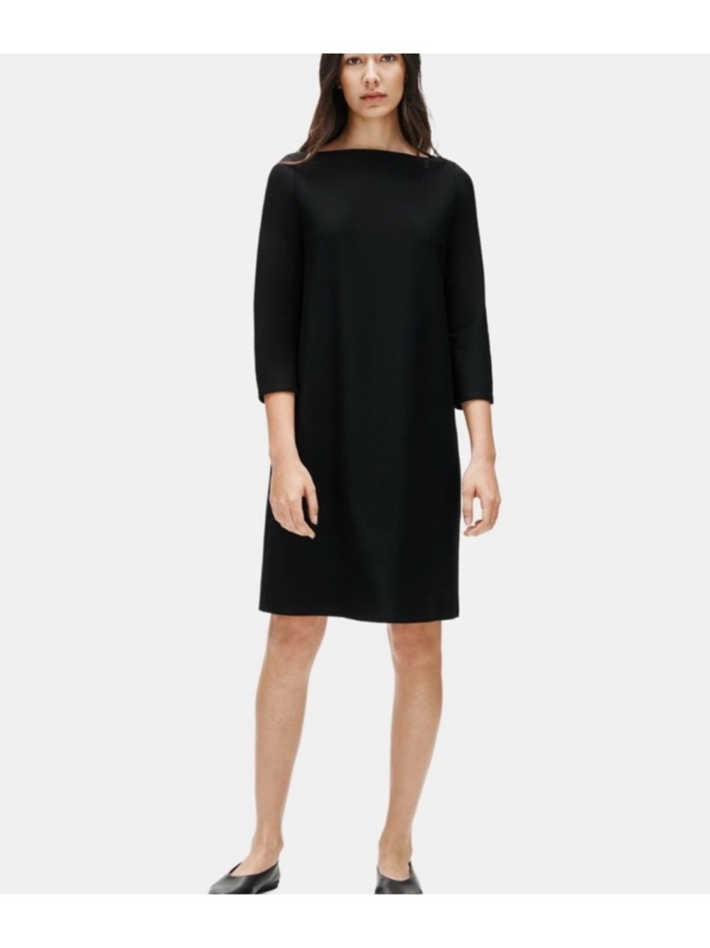 Eileen Fisher Bateau NAVY Boat Neck Crepe Shift Dress Lagenlook Minimalist